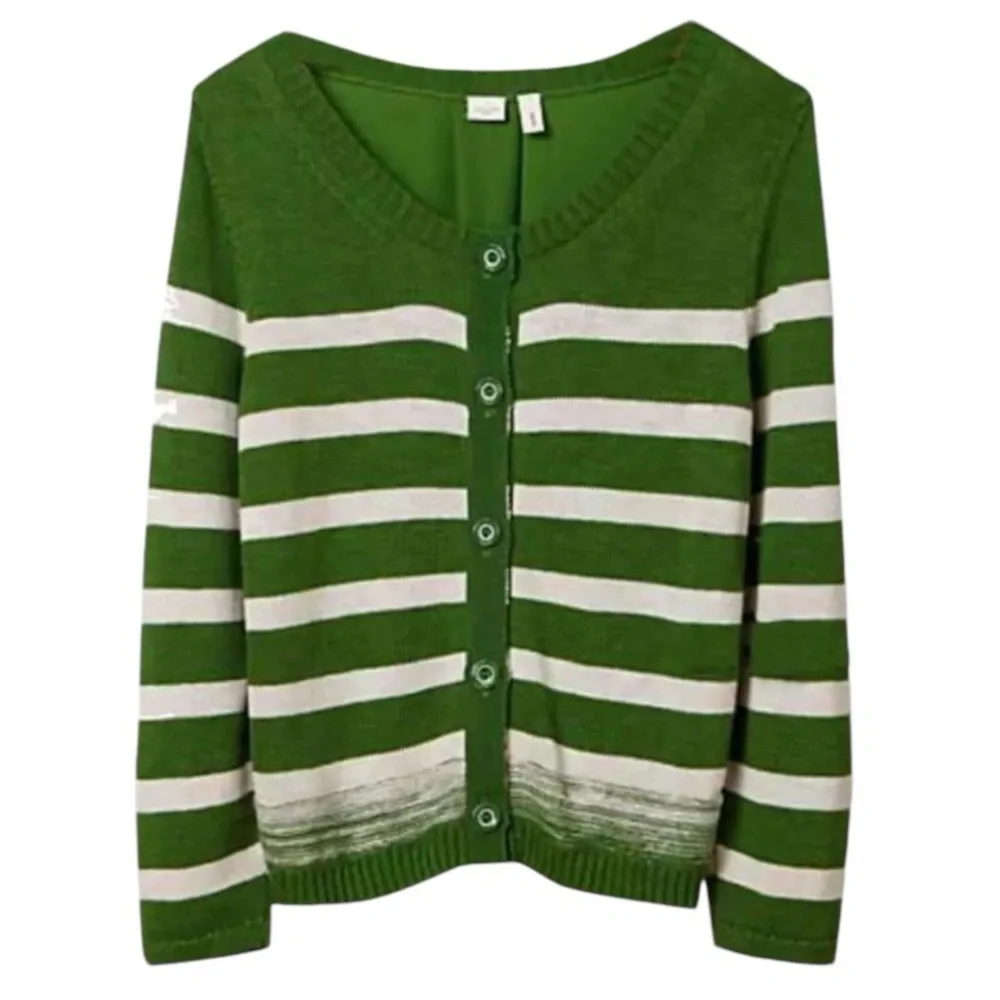 $129 Anthropologie Smooth Back Cardigan Large 10 12 Green White Striped Sweater - Picture 5 of 14